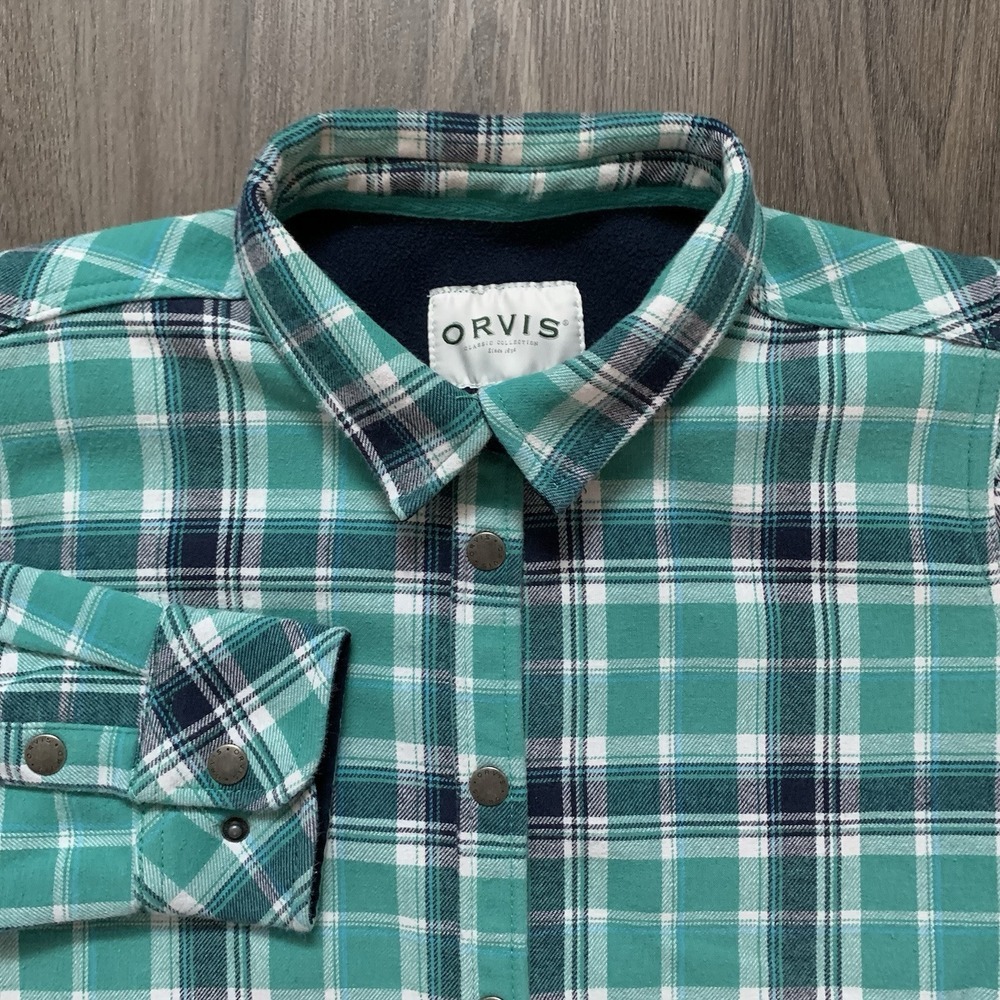 Orvis Fleece Lined Plaid Flannel Snap Jacket Shacket Blue Green  Men ‎ XL